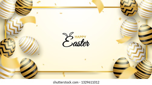 Happy easter celebration. golden,white easter egg on soft background ,light and shadow . Vector.