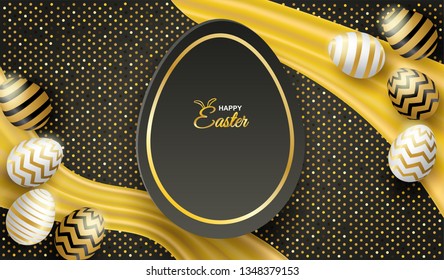 Happy easter celebration. golden,white easter egg on black background ,light and shadow . Vector.