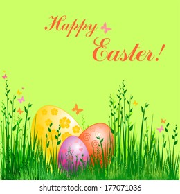 Happy Easter!  Celebration green background with Easter egg, grass and place for your text. vector illustration 