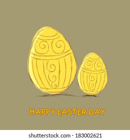Feliz celebración de Pascua diseño de tarjetas de felicitación con bello diseño floral adornado con huevos dorados sobre fondo abstracto. 