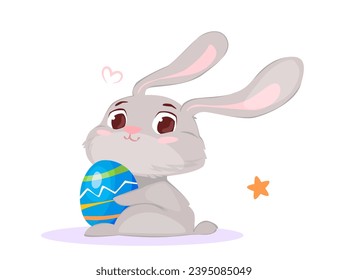 Feliz celebración de Pascua. Tarjeta de saludo con conejo lindo o conejo sosteniendo huevo de Pascua. Elemento de diseño tradicional para la fiesta cristiana. Dibujo vectorial plano de dibujos animados aislado en fondo blanco