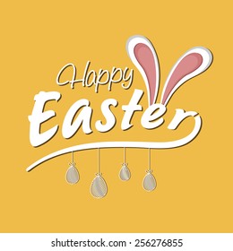 Happy Easter celebration greeting card design with bunny ears and hanging eggs on yellow background.