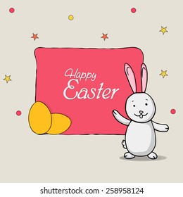 Happy Easter celebration greeting card with cute bunny and yellow eggs.