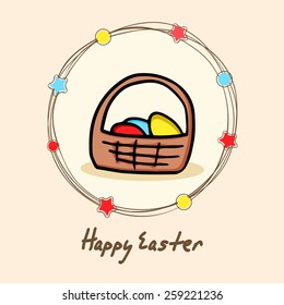 Happy Easter celebration greeting card design with colorful eggs basket in a frame.
