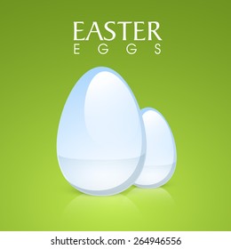 Happy Easter celebration greeting card with shiny eggs on glossy green background.