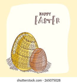 Happy Easter celebration greeting card with shiny floral decorated eggs.