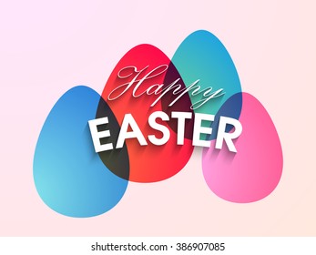 Happy Easter celebration greeting card design with glossy colorful eggs on shiny pink background.