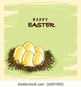 Happy Easter celebration greeting or invitation card design with golden eggs in the nest on stylish background.