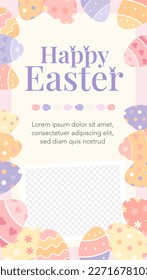 Happy Easter celebration holiday vertical social media post, banner template. Surround by decorative eggs, blank space for photo.