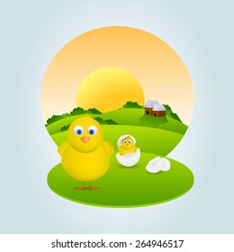 Happy Easter celebration with illustration of cute chicks and one of them coming out from egg in morning view.