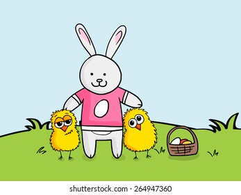 Happy Easter celebration with illustration of cute bunny, chicks and colorful eggs basket on nature background.
