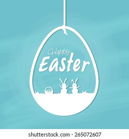 Happy Easter celebration with illustration of cute bunnies in a big hanging egg on sky blue background.