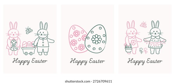 Feliz celebração de Páscoa ilustrações com coelhinhos, flores coloridas, prazer da primavera. Cartões de Páscoa. Bandeiras verticais de Páscoa com coelhos, ovos, cestas.