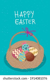 tarjeta de inscripción de celebración de Pascua feliz con huevos en el diseño de ilustración vectorial de cesta