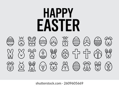 Happy Easter Celebration With Minimalist Icon Set Of Eggs And Bunnies