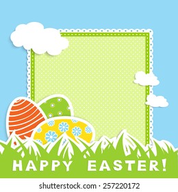 Happy easter celebration postcard - colorful eggs on green grass, blue sky with white cloud, retro green napkin with place for your text,  vector illustration in applique style