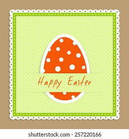 Happy easter celebration postcard - green textile napkin with big easter egg lie on beige backdrop vector illustration in applique style