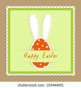 Happy easter celebration postcard - green textile napkin, easter egg with long ears of rabbit,  beige backdrop, vector illustration in applique style