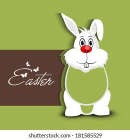 Happy Easter celebration poster, banner or flyer design with cute bunny holding easter egg on green and brown background. 