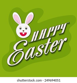 Happy Easter celebration poster or banner design with smiling bunny on green background.