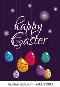 Happy Easter celebration poster or banner with place for text. Colorful rainbow glowing eggs with decorative ornaments on thin strings. Different dark illustration with lights.