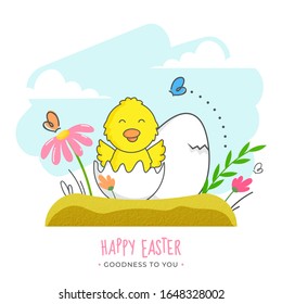 Happy Easter Celebration Poster Design with Cute Chick Inside a Cracked Egg on Floral Abstract Background.