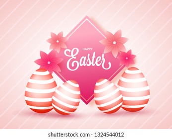 Happy Easter celebration poster or greeting card design, illustration of easter eggs with flowers decorated on glossy striped background.