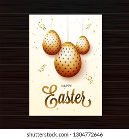 Happy Easter celebration poster or template design with illustration of hanging golden eggs on shiny background.