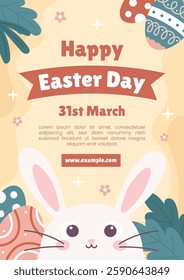 Happy Easter Celebration Poster Template with Colorful Easter Eggs and Fresh Green Leaves. Perfect for Holiday Greetings, Invitations, and Seasonal Promotion