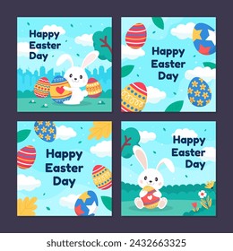 Happy Easter Celebration Social Media Background Template with Bunny Holding Egg and Floral Concept