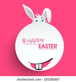 Happy Easter celebration sticker, tag or label with bunny face and stylish text on pink background. 