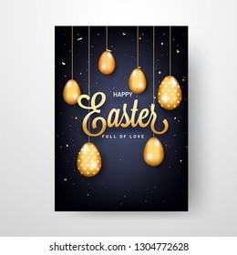 Happy Easter celebration template or greeting card design with illustration of glossy golden eggs hang on black background. 
