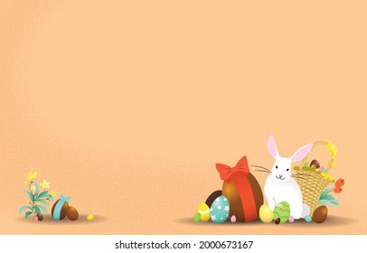 Happy Easter celebration vector illustration banner. Cute easter rabbit with a wicker basket full of eggs. White bunny with colorful chocolate easter eggs.