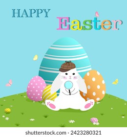 Happy Easter celebration vector illustration, cute bunny rabbit holds glass to find painted eggs in spring field flower meadow garden with beautiful butterfly on blue sky, Easter egg hunt.