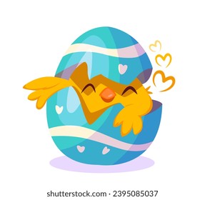 Feliz celebración de Pascua. Pollito amarillo eclosionando con huevo de Pascua. Mascota tradicional adorable para la tarjeta de saludo de las fiestas cristianas de primavera. Dibujo vectorial plano de dibujos animados aislado en fondo blanco