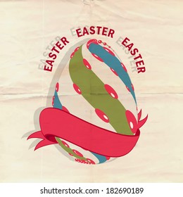 Happy Easter celebrations background with colourful decorated egg and blank red ribbon with stylish text on brown background. 