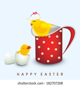 Happy Easter celebrations background with cute little chick birds and a red mug on blue background. 