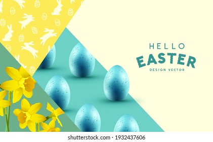 Felices celebraciones de Pascua con flores de daffodil, huevos de chocolate de pascua y siluetas de conejo. Ilustración vectorial.