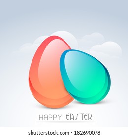 Happy Easter celebrations concept with glossy eggs on grey background, can be use as flyer, banner or poster.