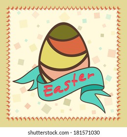 Happy Easter celebrations design with illustration of a colorful easter egg with green ribbon in a photo frame.
