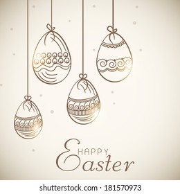 Happy Easter celebrations flyer, banner or poster design with hanging floral decorated eggs on shiny brown background. 