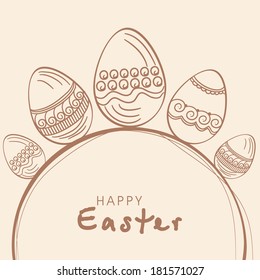 Happy Easter celebrations flyer, banner or poster design with beautiful decorated eggs on brown background. 