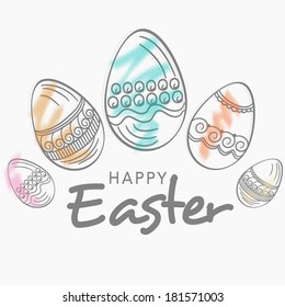 Festejo de celebraciones de Pascua feliz, diseño de afiches o pancartas con colorido diseño floral decorado huevos con fondo gris. 