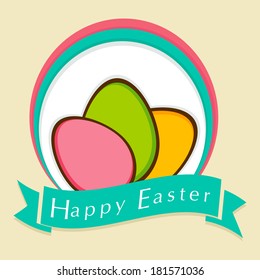 Happy Easter celebrations flyer, poster or banner design with eggs on brown background with green ribbon. 