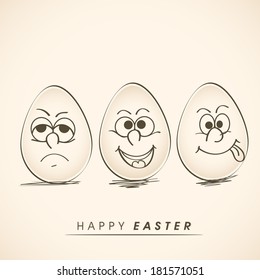 Happy Easter celebrations flyer, poster or banner design with eggs in various pose on shiny brown background. 