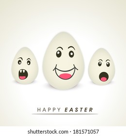 Festejo de celebraciones de Pascua feliz, diseño de afiches o pancartas con huevos en varias poses sobre fondo marrón brillante. 