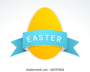 Happy Easter celebrations greeting card design with yellow easter egg and blue ribbon on grey background. 