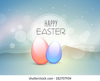 Happy Easter celebrations greeting card design with glossy pink and blue eggs on nature background. 