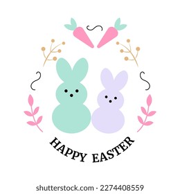 Happy Easter celrbration quote with bunnys. Pastel colors, flat design. Vector