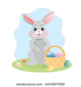 Happy Easter, character cute bunny with basket and eggs, in pastel colors on light green grass, soft blue and white background. Isolated Easter decor elements. Vector illustration in cartoon style. 